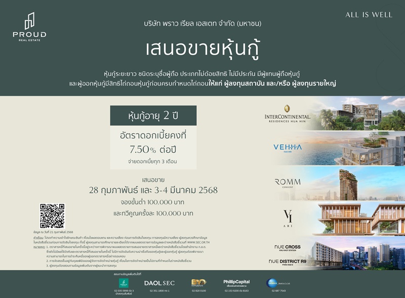 PROUD ชูหุ้นกู้ดอกเบี้ยแรง 7.25-7.50% พร้อมเสริมทัพขยายธุรกิจระดับลักชัวรี โอกาสสร้างผลตอบแทนสูงจากแบรนด์อสังหาฯ ชั้นนำ